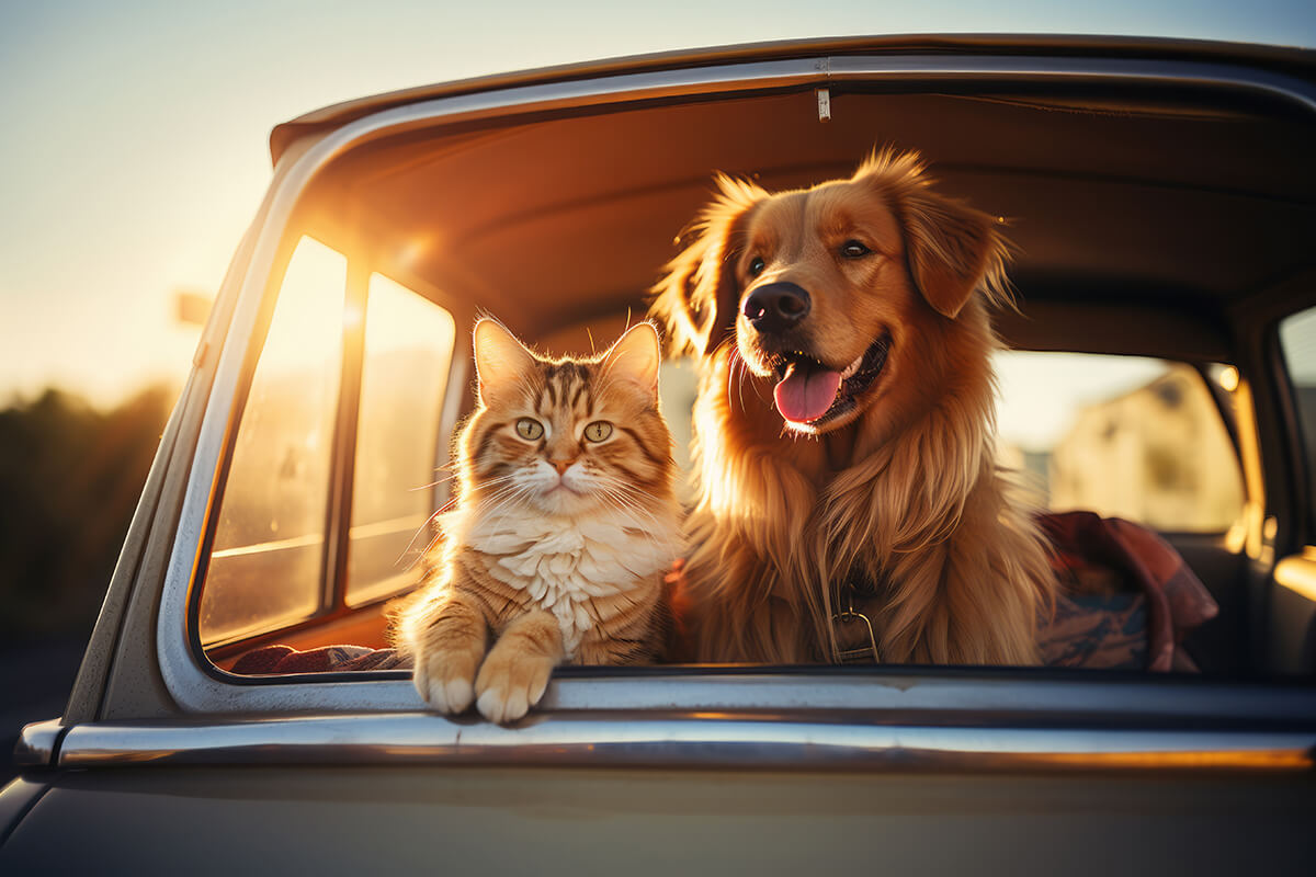 Happy dog and cat together in car. summer vocation travel. generative AI